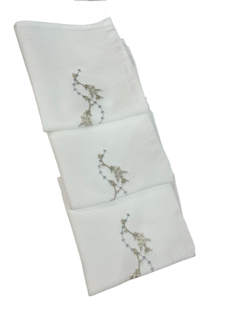 Bucatarie - Set 12 Prosoape tip Batista cu Broderie fina Aurie  , 30 x 30 cm Bumbac 100 % , Grofate, Catifelate, Alb