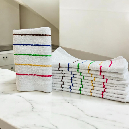 Bucatarie - Set 20 Prosoape bumbac , albe cu dungi color , 25 x 50 cm