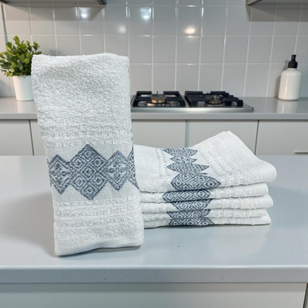 Prosoape pentru bucatarie - Set 20 Prosoape Bumbac, Albe, cu Model Gri Geometric, Moi si Absorbante, 30 x 70 cm