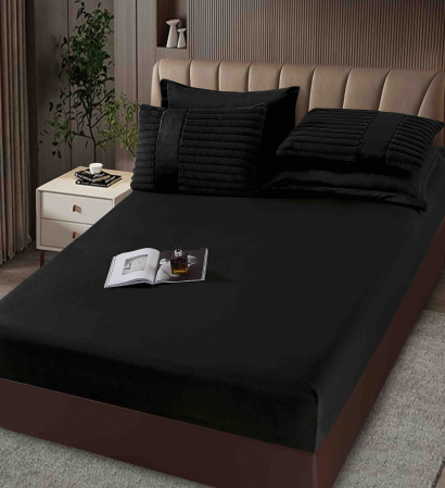 SET COMPLET- PILOTĂ CU BLĂNIȚĂ DE IEPURE + CEARȘAF CATIFEA CU ELASTIC + 4 FEȚE DE PERNĂ, Negru [3]