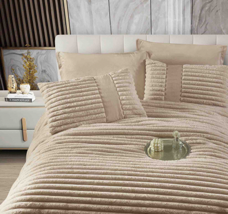 SET COMPLET- PILOTĂ CU BLĂNIȚĂ DE IEPURE + CEARȘAF CATIFEA CU ELASTIC + 4 FEȚE DE PERNĂ, Bej [1]