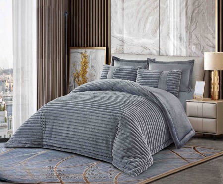 Pilote si perne - SET COMPLET- PILOTĂ CU BLĂNIȚĂ DE IEPURE + CEARȘAF CATIFEA CU ELASTIC + 4 FEȚE DE PERNĂ,GRI ANTRACIT