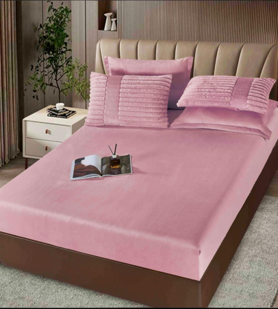 SET COMPLET- PILOTĂ CU BLĂNIȚĂ DE IEPURE + CEARȘAF CATIFEA CU ELASTIC + 4 FEȚE DE PERNĂ, Roz Pudra [1]