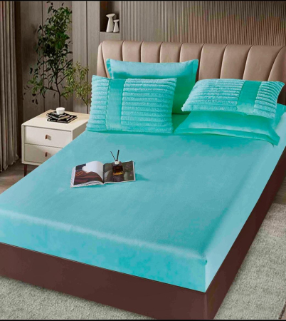 SET COMPLET- PILOTĂ CU BLĂNIȚĂ DE IEPURE + CEARȘAF CATIFEA CU ELASTIC + 4 FEȚE DE PERNĂ, Turcoaz [1]