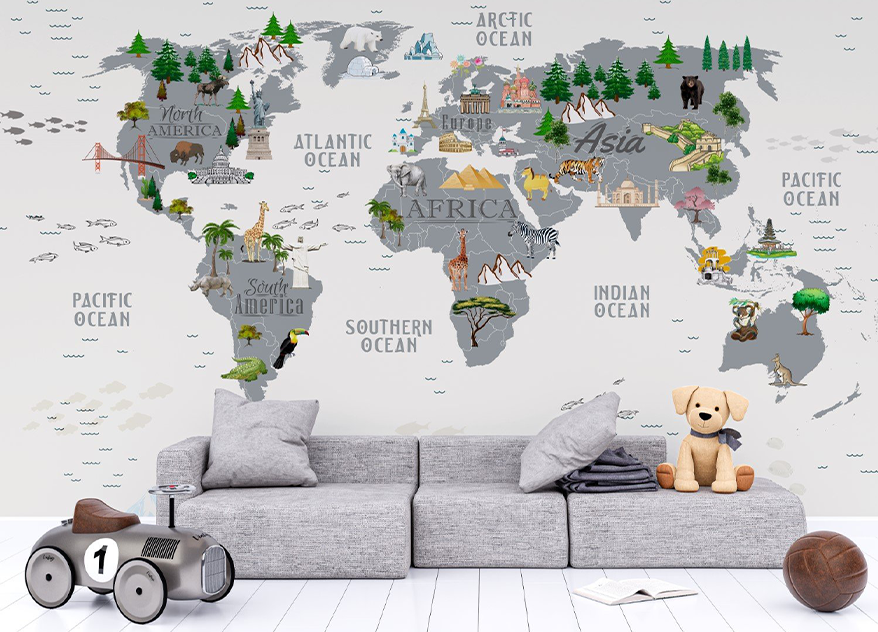 Fototapet fara imbinari World Map With Gray Continents