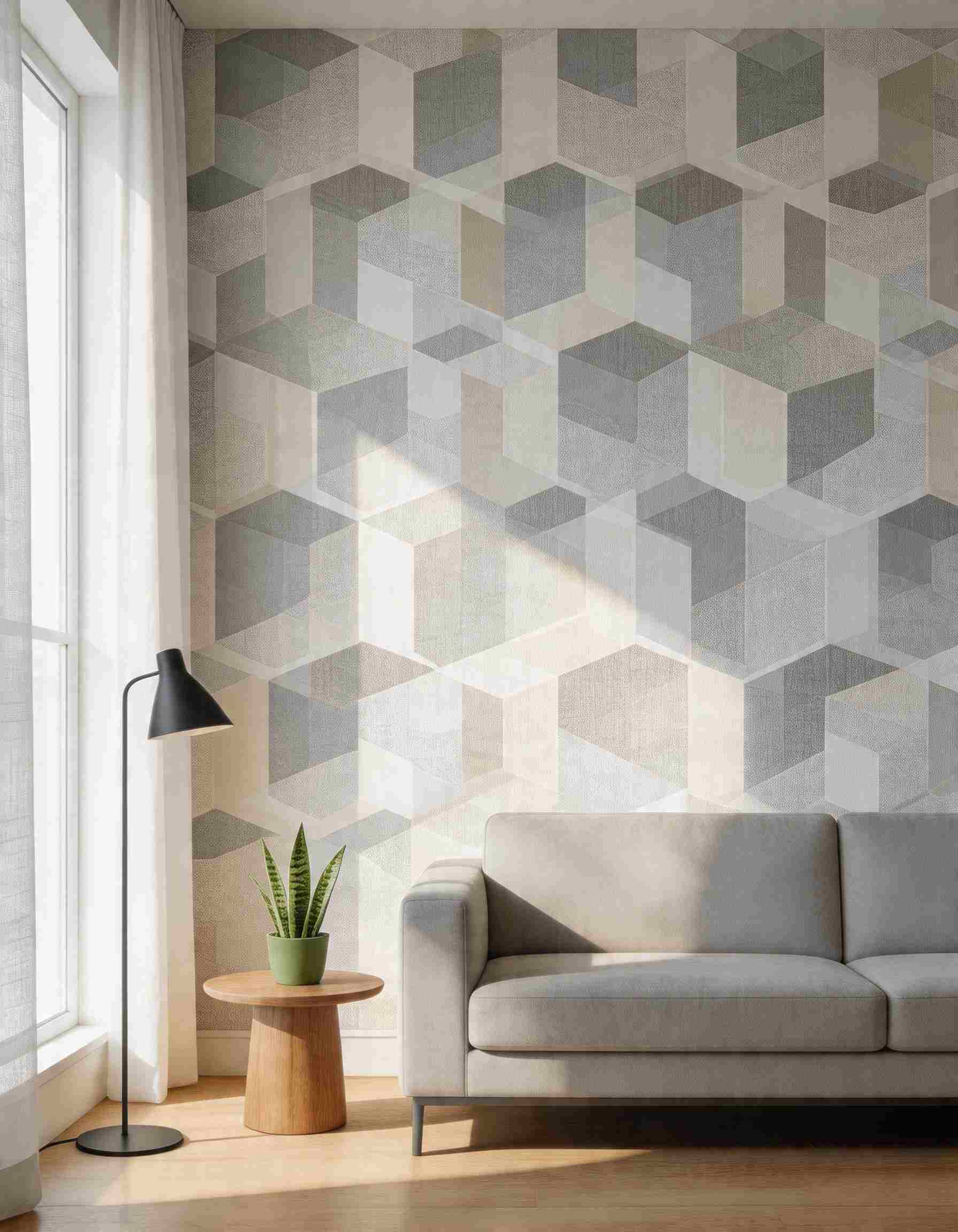 fototapet forme geometrice aplicat pe perete intr-un decor modern si echilibrat
