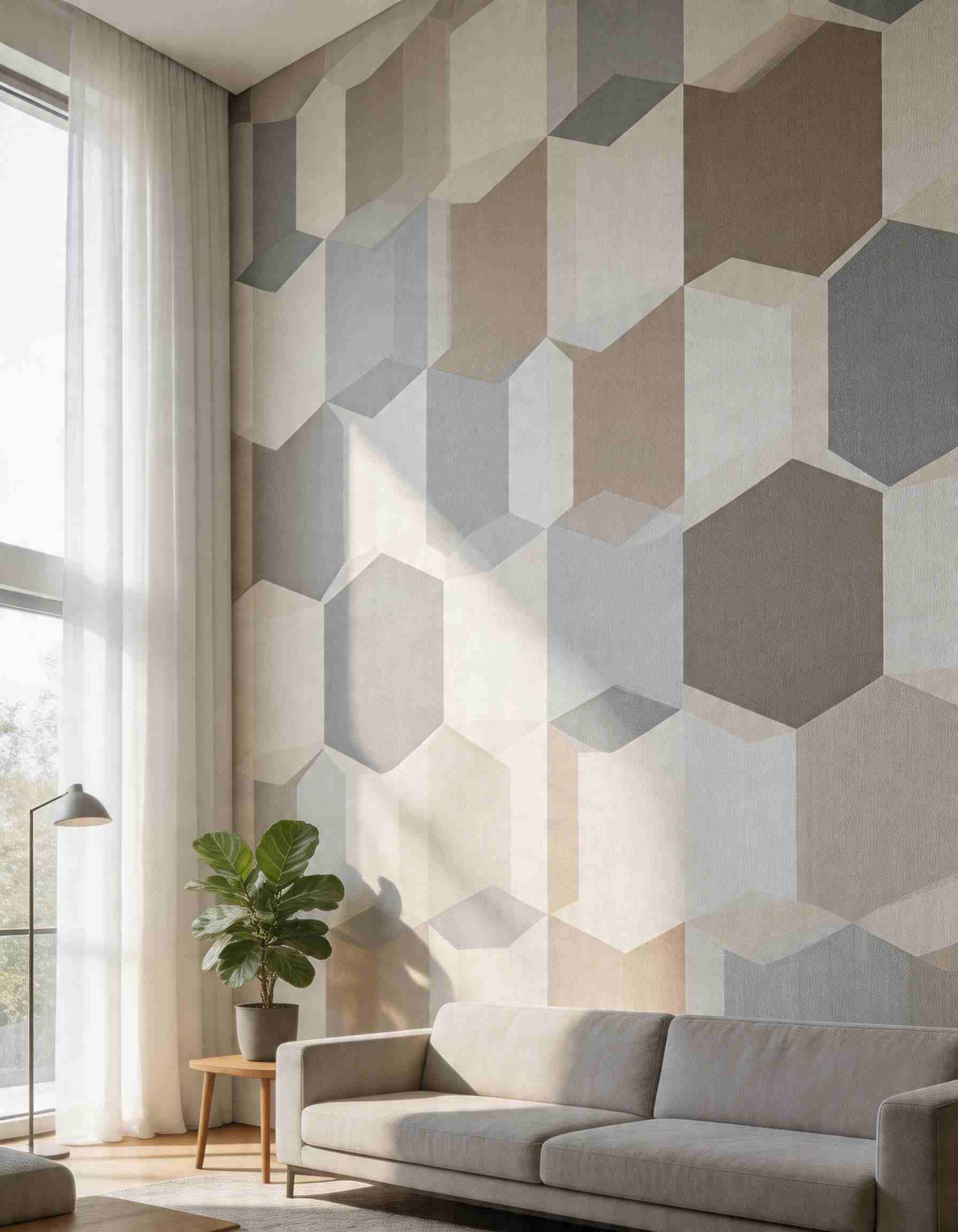 fototapet forme geometrice aplicat pe perete intr-un interior modern cu design echilibrat