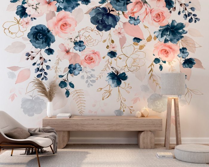 Fototapet fara imbinari Pink And Dark Blue Flowers [2]