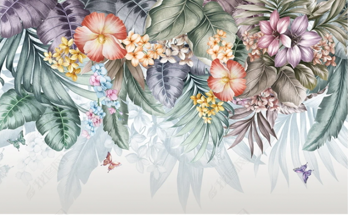 Fototapet fara imbinari Dream Butterflies With Tropical Flowers [2]
