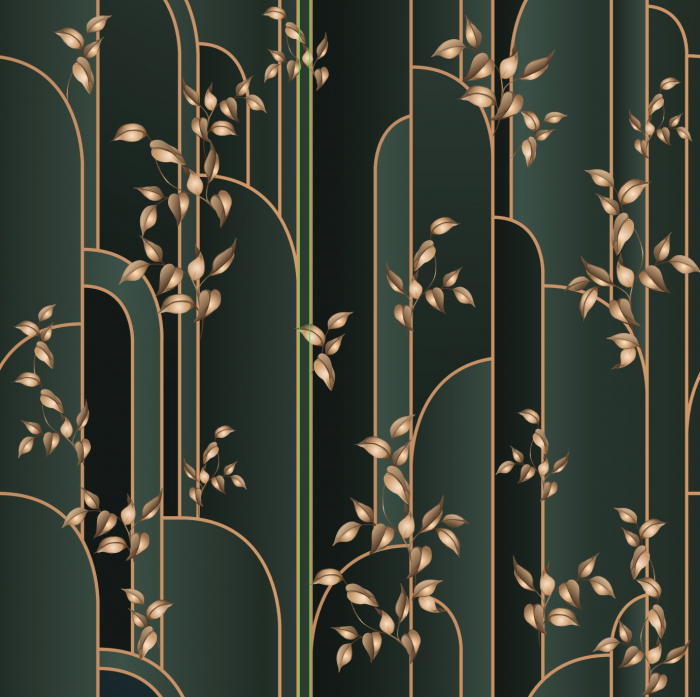 Fototapet fara imbinari Golden Leaves On A Aark Green Background [4]