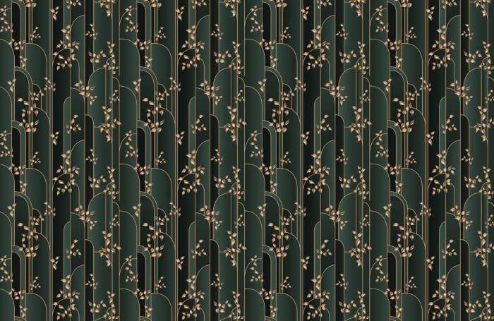 Fototapet fara imbinari Golden Leaves On A Aark Green Background [3]