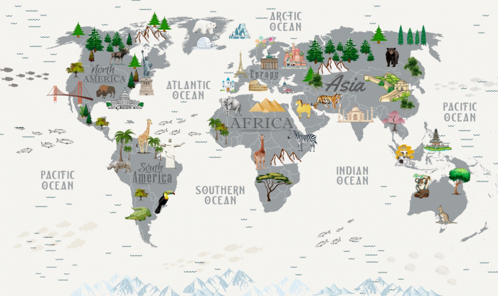 Fototapet fara imbinari World Map With Gray Continents [2]