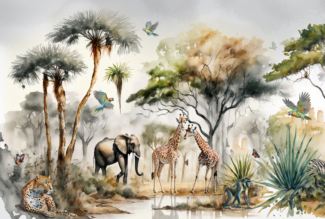 model fototapet personalizat fara imbinari cu animale in jungla pictate in acuarele motiv tropical [3]