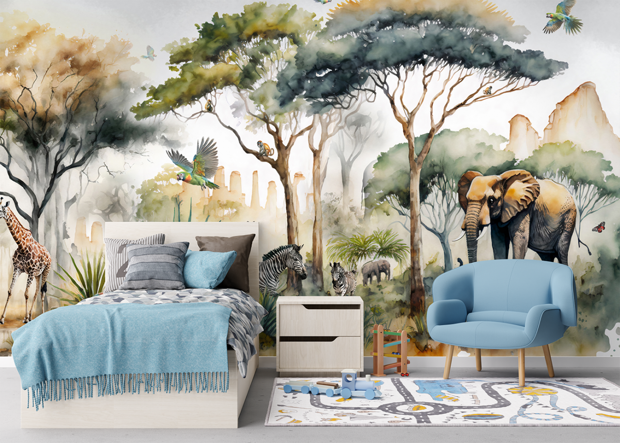 model fototapet personalizat fara imbinari cu animale in jungla pictate in acuarele motiv tropical [2]