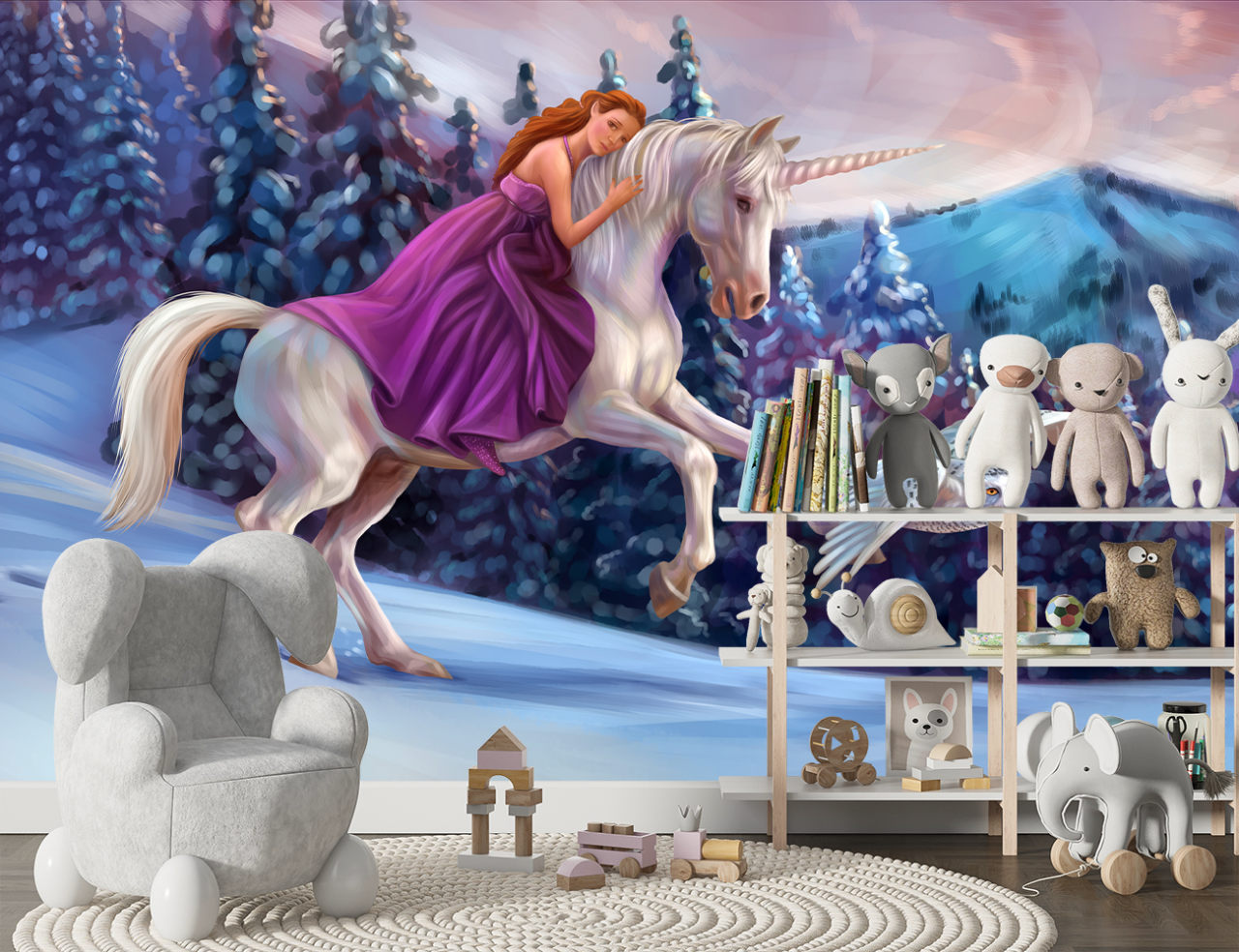 Fototapet Modern 3D - Dormitor & Living, Unicorn & Prințesă [3]
