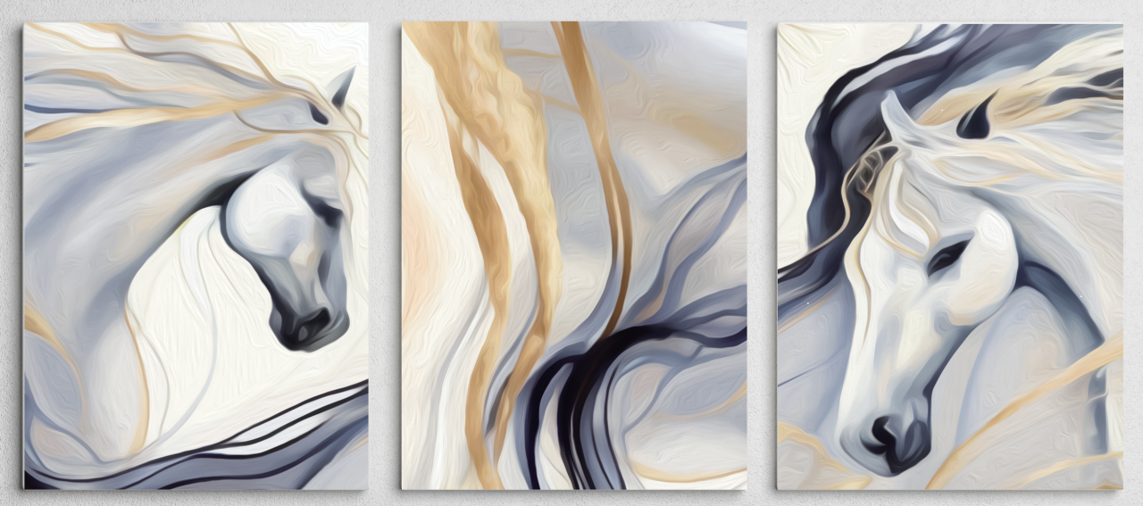 Tablou Canvas Din 3 Piese 3 X 60L X 100H Marble Horses [2]