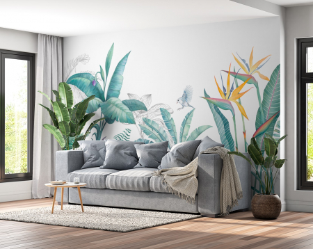 Watercolor - Fototapet fara imbinari Tropical Watercolor Plants And Leaves
