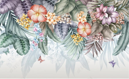 Fototapet fara imbinari Dream Butterflies With Tropical Flowers [1]
