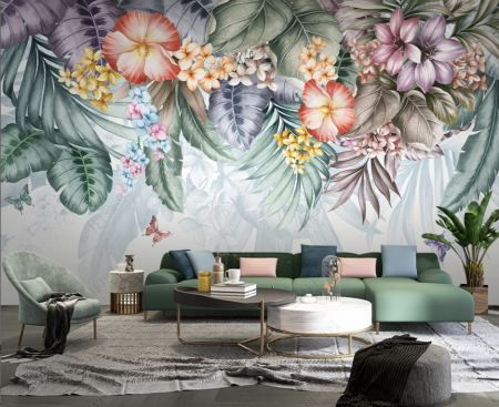Tropical - Fototapet fara imbinari Dream Butterflies With Tropical Flowers