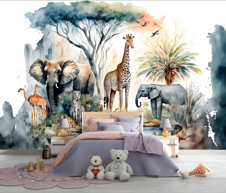 Pentru copii - Fototapet fara imbinari Watercolor African Tropical Jungle