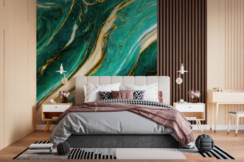Abstract - Fototapet fara imbinari Abstract Turquoise, Gold And White Marble cu Riflaj