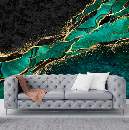 Fluid Art - Fototapet fara imbinari Malachite Green With Gold Glitter