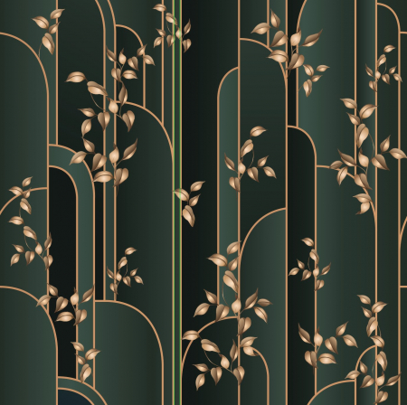 Fototapet fara imbinari Golden Leaves On A Aark Green Background [3]
