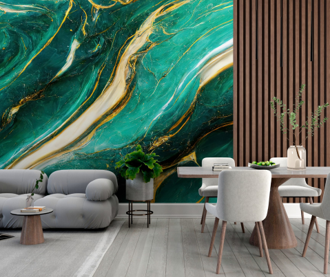 Fototapet fara imbinari Abstract Turquoise, Gold And White Marble cu Riflaj [1]