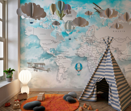 Pentru copii - Fototapet fara imbinari Light Blue Flying Map