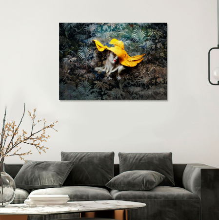 Tablou Woman In A Bright Yellow Hat mock-up in camera / model