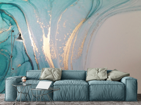 Fluid Art - Fototapet fara imbinari Dream Saturated Turquoise With Golden Waves