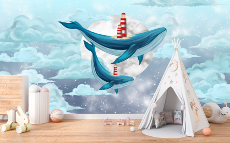 Pentru copii - Fototapet fara imbinari Flying Blue Whales With Beacons In The Clouds