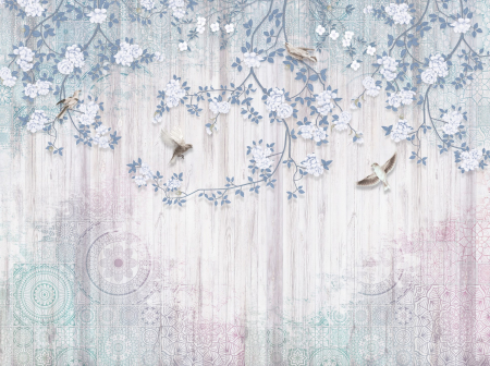 Fototapet fara imbinari Blooming Branches Stand Gracefully Against A Luminous Backdrop [2]