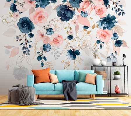 Watercolor - Fototapet fara imbinari Pink And Dark Blue Flowers