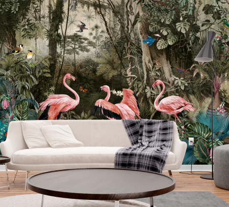 Tropical - Fototapet fara imbinari Jungle Flamingos