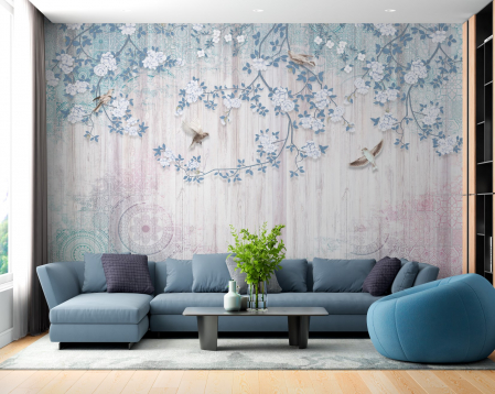 Watercolor - Fototapet fara imbinari Blooming Branches Stand Gracefully Against A Luminous Backdrop