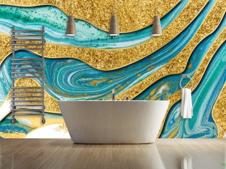 Fluid Art - Fototapet fara imbinari Gorgeous Golden Marble Background With Blue Waves