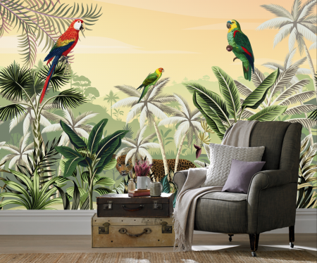 Tropical - Fototapet fara imbinari Parrots In The Exotic Forest