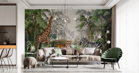 Watercolor - Fototapet fara imbinari Jungle Landscape With Wild Animals