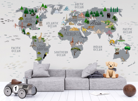 Pentru copii - Fototapet fara imbinari World Map With Gray Continents