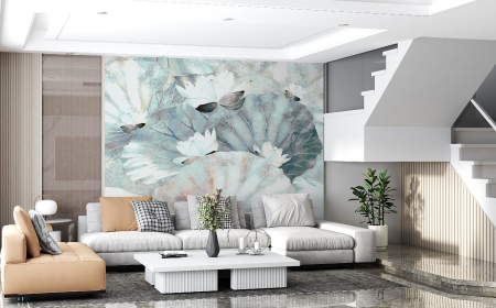 Watercolor - Fototapet fara imbinari Lotus Flowers And Leaves On A Vintage Textured