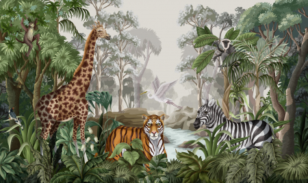 Fototapet fara imbinari Jungle Landscape With Wild Animals [2]