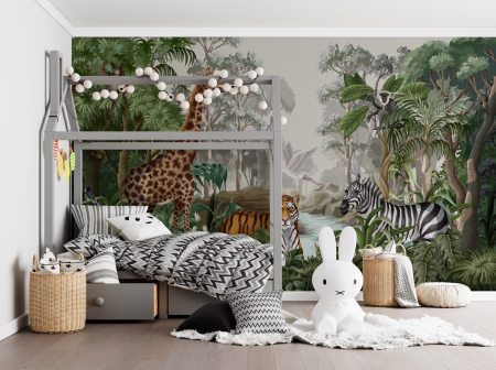 Fototapet fara imbinari Jungle Landscape With Wild Animals [1]