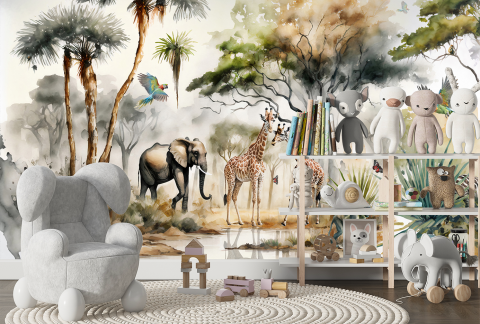 model fototapet personalizat fara imbinari cu animale in jungla pictate in acuarele motiv tropical [1]