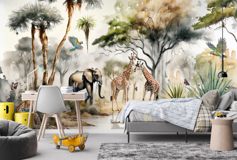 Watercolor - model fototapet personalizat fara imbinari cu animale in jungla pictate in acuarele motiv tropical