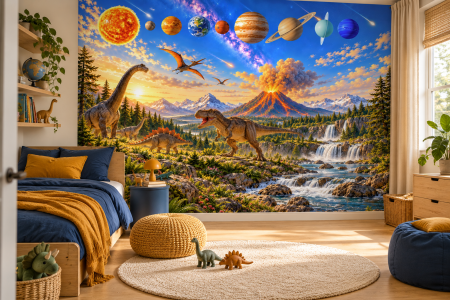 Pentru copii - Fototapet Dinozauri și Planete Fără Îmbinări | Dreamwall.ro
