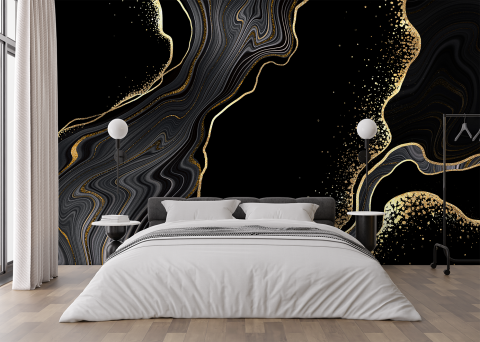 Fluid Art - model fototapet personalizat fara imbinari cu aspect de marmura neagra si aurie pentru living sau dormitor