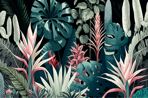 Fototapet fara imbinari flori si frunze tropicale colorate [3]