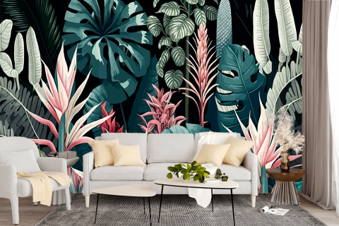 Fototapet fara imbinari flori si frunze tropicale colorate [2]