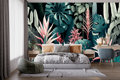 Frunze - Fototapet fara imbinari flori si frunze tropicale colorate